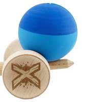 Kendama X Originala, Profesionala, Flippy, Rubber Grip, Cupe Mari KING SIZE V3, Gaura in Baza, Rulment Metalic, din lemn 18 cm, Ata 62/65 cm, Bicolor Albastru/Albastru deschis