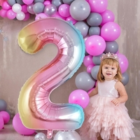 Balon din Folie Metalizata Flippy, Figurina Cifra Gradient, Tema Aniversare 40 cm, Ambalaj Individual, Pai inclus, Umflare cu Aer sau Heliu, Multicolor, Cifra 2