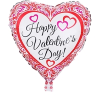 Balon din Folie Metalizata, Flippy, Figurina Inimioara, Model Happy Valentine's Day, Tematica Iubire, 45 cm, Ambalaj Individual, Pai Inclus, Umflare cu Aer sau Heliu, Rosu