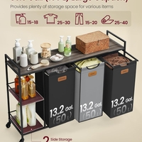 VASAGLE Cos de rufe cu rafturi si roti, 3 compartimente cu saci de rufe detasabili, 3x50 litri, 117x33x81 cm, maro si negru