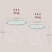 VASAGLE Set 2 masute rotunde, blat sticla securizata, cadru metalic alb, 40 si 50 cm, alb