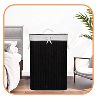 Cos de rufe cu capac, din bambus cu sac textil detasabil, 72 litri, 40x30x60 cm, negru