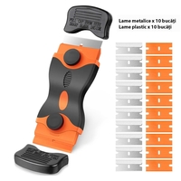 Racleta Multifunctionala pentru Curatare Sticla si Ceramica, Flippy, Design Ergonomic, Maner Anti-alunecare, Include 20 de Lame de Schimb, 12,5 x 4,5 cm, Portocaliu