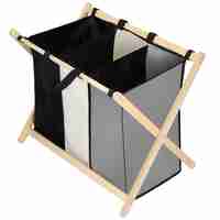 Cos de rufe cu 3 compartimente, cadru din lemn, 67x42x57 cm, 105 litri