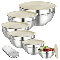 Set 6 Boluri pentru Mixare si Depozitare, Vafy, Inox Premium, Capace Ermetice, 3 Accesorii Razuire si Feliere, Interior Gradat, Design Nestable, Argintiu