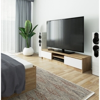 Comoda TV cu 2 usi si rafturi centrale, PAL laminat, 160x40x33 cm, stejar sonoma si alb