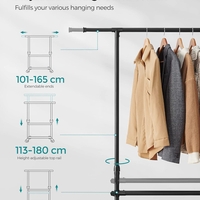 SONGMICS Suport haine cu doua bare, roti blocabile, inaltime reglabila, cadru metalic, 101x49x113-180 cm, negru