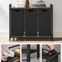 VASAGLE Cos de rufe, 3 compartimente, saci de rufe detasabili, raft, cadru metalic, 3x38L, 93x33x72 cm, maro rustic si negru
