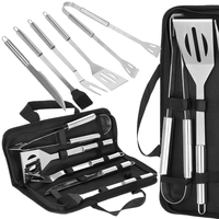 Set ustensile gratar 5 piese, inox, cu husa transport, 37x14x5 cm, argintiu