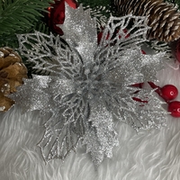 Set 10 ornamente pentru bradul de Craciun, stea Poinsettia, 16cm, argintiu