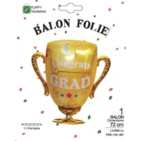 Balon din Folie Metalizata, Flippy, Figurina Cupa, Tema Absolvire, 65x72cm, Ambalaj Individual, Pai Inclus, Umflare cu Aer sau Heliu, Galben