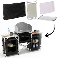 Bucatarie de camping pliabila cu 3 blaturi, cadru aluminiu, portabila pentru exterior, 175x40x111 cm