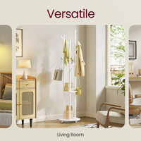 VASAGLE Cuier din lemn masiv, cu 11 agatatori si 3 rafturi, 4 roti detasabile rotative 360°, 40x40x175 cm, alb