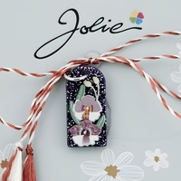 Martisor Traditional din Acril, Jolie, Model Orhidee, cu Snur Impletit Alb/Rosu, Pandantiv 2 cm, Albastru/Alb
