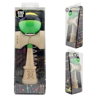 Kendama X Originala, Profesionala, Flippy, Super Sticky cu Cupe Mari KING SIZE V3, Gaura in Baza, Rulment Metalic, din lemn 18 cm, Ata 62/65 cm, Galben/Negru/Verde