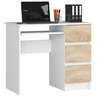 Birou computer cu 3 sertare si raft pentru tastatura, dreapta, 90x50x77 cm, alb si stejar sonoma