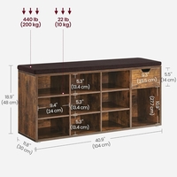 VASAGLE Banca de depozitare cu suport pentru pantofi, 10 compartimente si dulap, cu perna, 30x104x48cm, maro rustic