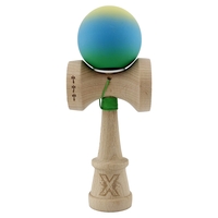Kendama X Originala, Profesionala, Flippy, Cupe Mari KING SIZE V3, Rubber Grip, Gaura in Baza, Rulment Metalic, din lemn 18 cm, Ata 62/65 cm, Gradient Galben/Albastru/Verde