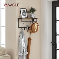 VASAGLE Cuier perete cu 8 carlige si polita, 40x24x24 cm, maro rustic si negru