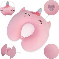 Perna de Calatorie in Forma de U, Vafy, Pentru Gat si Cap, Umplutura din Spuma cu Memorie, 30x30 cm, Model Unicorn, Accesoriu de Voiaj, Birou, Masina, Sistem Prindere Capse, Roz
