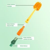 Perie 5 in 1 de Curatat Pahare, Cani, Sticle, Flippy, cu Maner Lung, Accesorii pentru Spalarea Paielor si Capacelor, Usor de Agatat, 36x7x7cm, Portocaliu-Alb