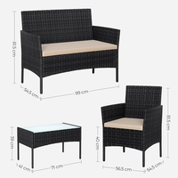 SONGMICS Set mobilier gradina 4 locuri, canapea, 2 scaune si masa cu sticla, ratan PE, negru