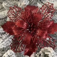 Set 10 ornamente pentru bradul de Craciun, stea Poinsettia, 16cm, visiniu