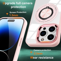 Husa de Protectie TPU, Vafy, pentru iPhone 16 Pro, Anticadere, cu Incarcare Wireless, Tehnologie Magsafe, Inel Magnetic Rotativ cu Functie de Suport, Transparent-Roz