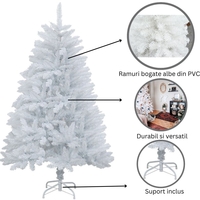 Brad de Craciun artificial cu suport inclus Flippy, 120 cm, 240 ramuri/varfuri, material plastic, suport clasic, fara iluminare, utilizat pentru interior/exterior, alb
