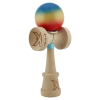 Kendama X Originala, Profesionala, Flippy, Super Sticky cu Cupe Mari KING SIZE V3, Gaura in Baza, Rulment Metalic, din lemn 18 cm, Ata 62/65 cm, Gradient Albastru/Galben/Rosu
