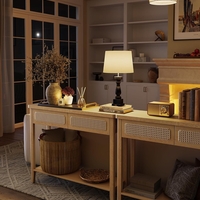 VASAGLE Consola hol 100x30x80 cm, 2 sertare, raft deschis, colturi rotunjite, stil boho, MDF si ratan PVC, bej stejar