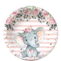 Set 10 Farfurii Unica Folosinta, Flippy, Imprimeu Elefant, din Carton, 22 cm, Roz