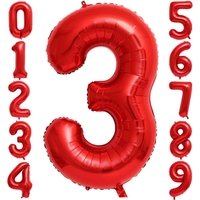 Balon din Folie Metalizata Flippy, Figurina Cifra, Tema Aniversare 80 cm, Ambalaj Individual, Pai inclus, Umflare cu Aer sau Heliu, Rosu, Cifra 3