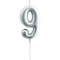 Lumanare de Tort, Flippy, Model Cifra 9, Party, 4.5 x 2.5 cm, din Parafina, Argintiu
