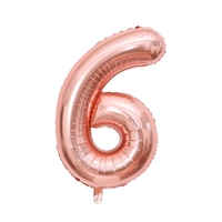 Balon din Folie Metalizata Flippy, Figurina Cifra, Tema Aniversare 40 cm, Ambalaj Individual, Pai inclus, Umflare cu Aer sau Heliu, Roz Gold, Cifra 6
