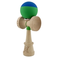 Kendama X Originala, Profesionala, Flippy, Rubber Grip, Cupe Mari KING SIZE V3, Gaura in Baza, Rulment Metalic, din lemn 18 cm, Ata 62/65 cm, Bicolor Albastru/Verde