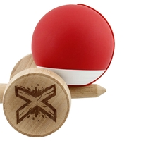Kendama X Originala, Profesionala, Flippy, Rubber Grip, Cupe Mari KING SIZE V3, Gaura in Baza, Rulment Metalic, din lemn 18 cm, Ata 62/65 cm, Bicolor Rosu/Alb