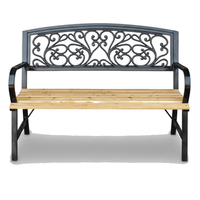Banca de gradina din lemn si cadru otel, cu spatar decorativ, 120x56x87 cm, negru si maro natur