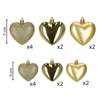 Set globuri decorative in forma de inima, 16 bucati, plastic, 4-7 cm, auriu