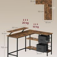 VASAGLE Birou in forma de L, suport monitor, 2 rafturi si 2 sertare, 105x135x76 cm, maro rustic
