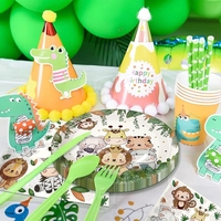 Set 10 Farfurii Unica Folosinta, Flippy, Imprimeu Jungle, din Carton, 22 cm, Verde