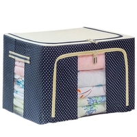 Cutie de Depozitare Pliabila, Flippy, 24 L, Panza Oxford, 40x30x20 cm, Fereastra Frontala, 2 Usi de Acces cu Fermoar Bidirectional, Cadru Metalic, Suport Baza Stabil din Plastic, Imprimeu buline, Albastru Marin