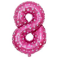 Balon din Folie Metalizata Flippy, Figurina Cifra, Imprimeu Inimi, Tema Aniversare 80 cm, Ambalaj Individual, Pai inclus, Umflare cu Aer sau Heliu, Roz, Cifra 8