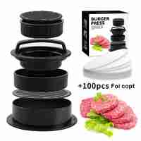 Presa dubla pentru hamburgeri 2 in 1, forma si presa, doua dimensiuni, cu maner, usor de curatat si folosit, material ABS, 100 de foi hartie de copt incluse, 13x13.5x7 cm, fara lipire, neagra