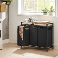VASAGLE Cos de rufe, 3 compartimente, saci de rufe detasabili, raft, cadru metalic, 3x38L, 93x33x72 cm, maro rustic si negru