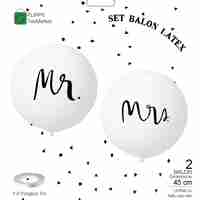 Set 2 Baloane din Latex, Flippy, Tip Jumbo, Model Mr si Mrs, Tema Nunta, 45 cm, Alb