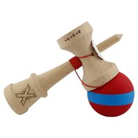 Kendama X Originala, Profesionala, Flippy, Cupe Mari KING SIZE V3, Rubber Grip, Gaura in Baza, Rulment Metalic, din lemn 18 cm, Ata 62/65 cm, M Bicolor Rosu/Albastru
