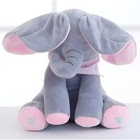 Jucarie Interactiva pentru Copii, Flippy, Elefantel Peek-a-boo, Muzica, Misca Urechile, Alimentare cu Baterii, 30 cm, Roz-Gri