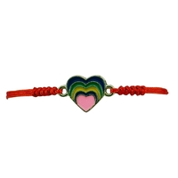 Martisor Bratara pentru Dama si Copii, Jolie, Model Inima Curcubeu Multicolora, Set 12 bucati, Pandantiv Emailat, Snur Reglabil, Rosu