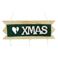 Decoratiune Craciun din Lemn, Flippy, Model Scris Xmas, Conuri Atarnate, cu Inimioara 25x9 cm, pentru Brad sau Usa, Verde/Argintiu